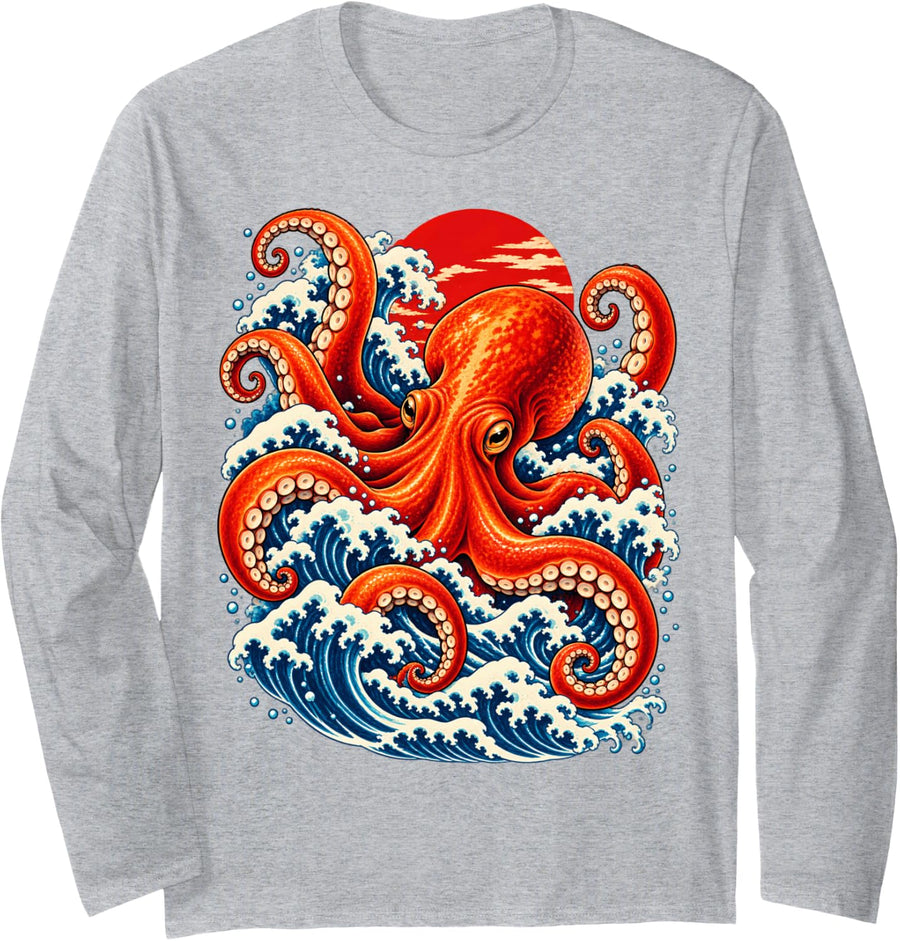 Japanese Wave Octopus Ukiyo E Ocean Sea Animal Long Sleeve T-Shirt - Adult Unisex Heather Grey