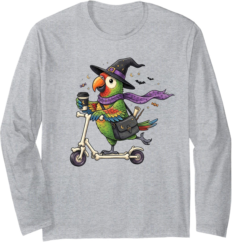 Parrot Scooter Witch Halloween Kids Mens Womens Long Sleeve T-Shirt - Adult Unisex Heather Grey