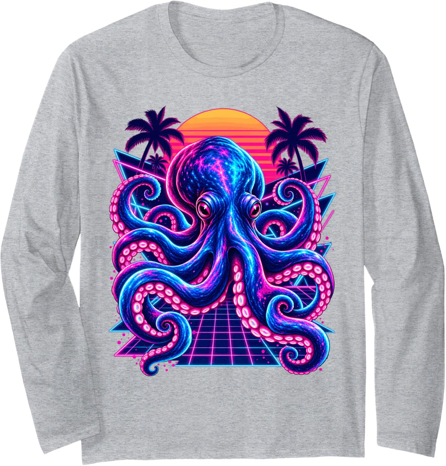 Retrowave Synthwave Octopus Vaporwave Ocean Animal Long Sleeve T-Shirt - Adult Unisex Heather Grey