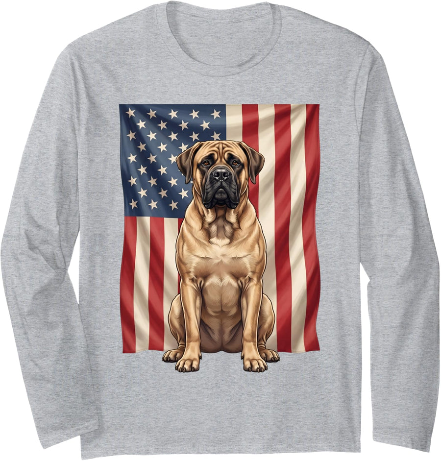 Bull Mastiff American Flag Patriotic 4th of July USA Lover Long Sleeve T-Shirt - Adult Unisex Heather Grey