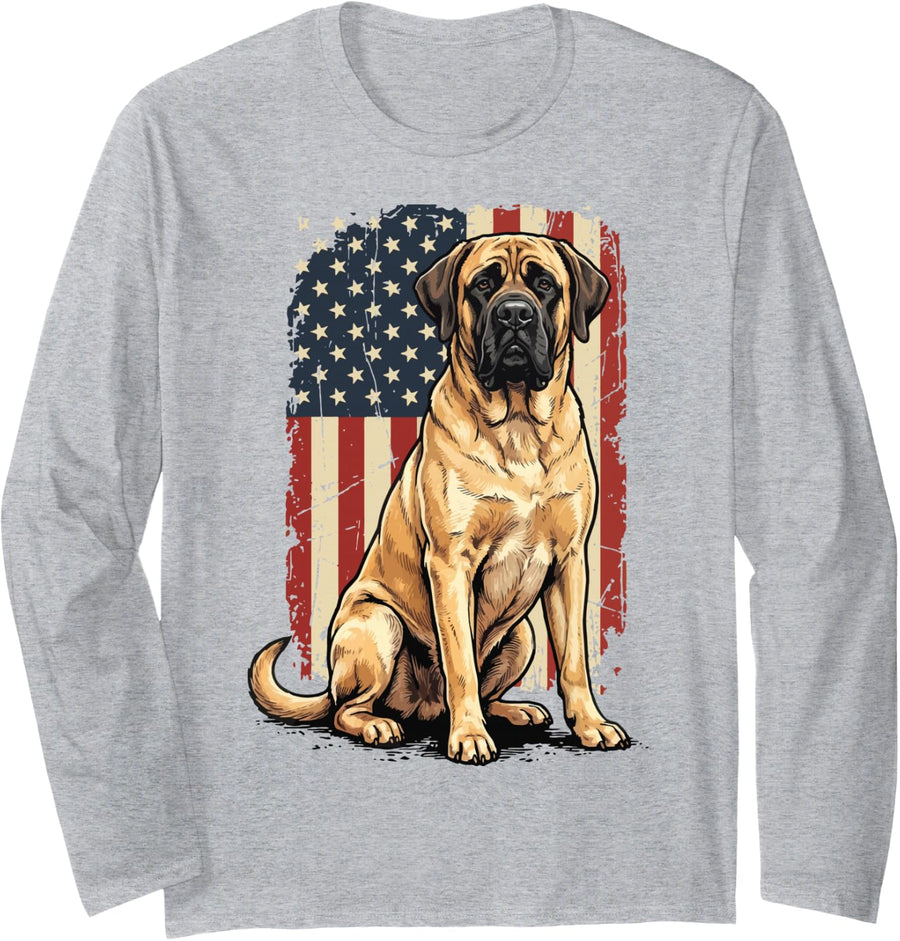 English Mastiff US Flag 4th of July Long Sleeve T-Shirt - Adult Unisex Heather Grey