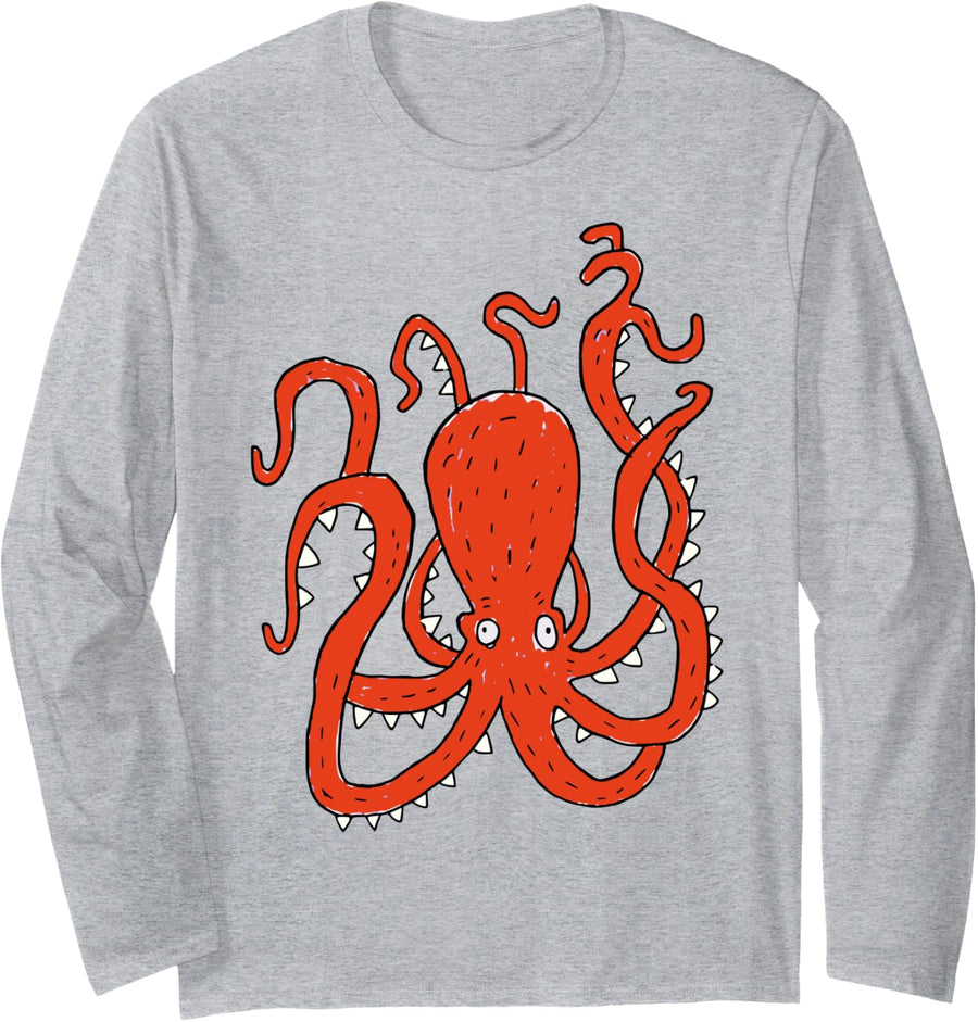 Funny Octopus Sea Ocean Marine Wildlife Creature Deadpan Art Long Sleeve T-Shirt - Adult Unisex Heather Grey