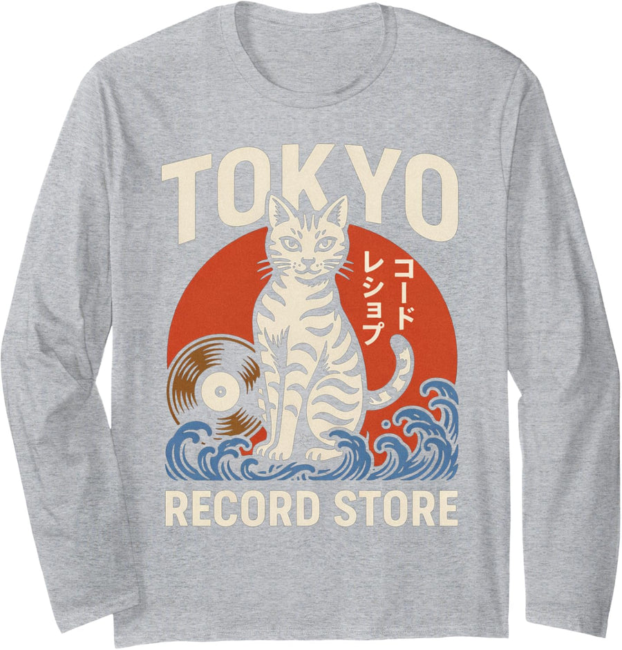 Tokyo Record Store Cat Vinyl Record Player Rock Japanese Art Long Sleeve T-Shirt - Adult Unisex Heather Grey