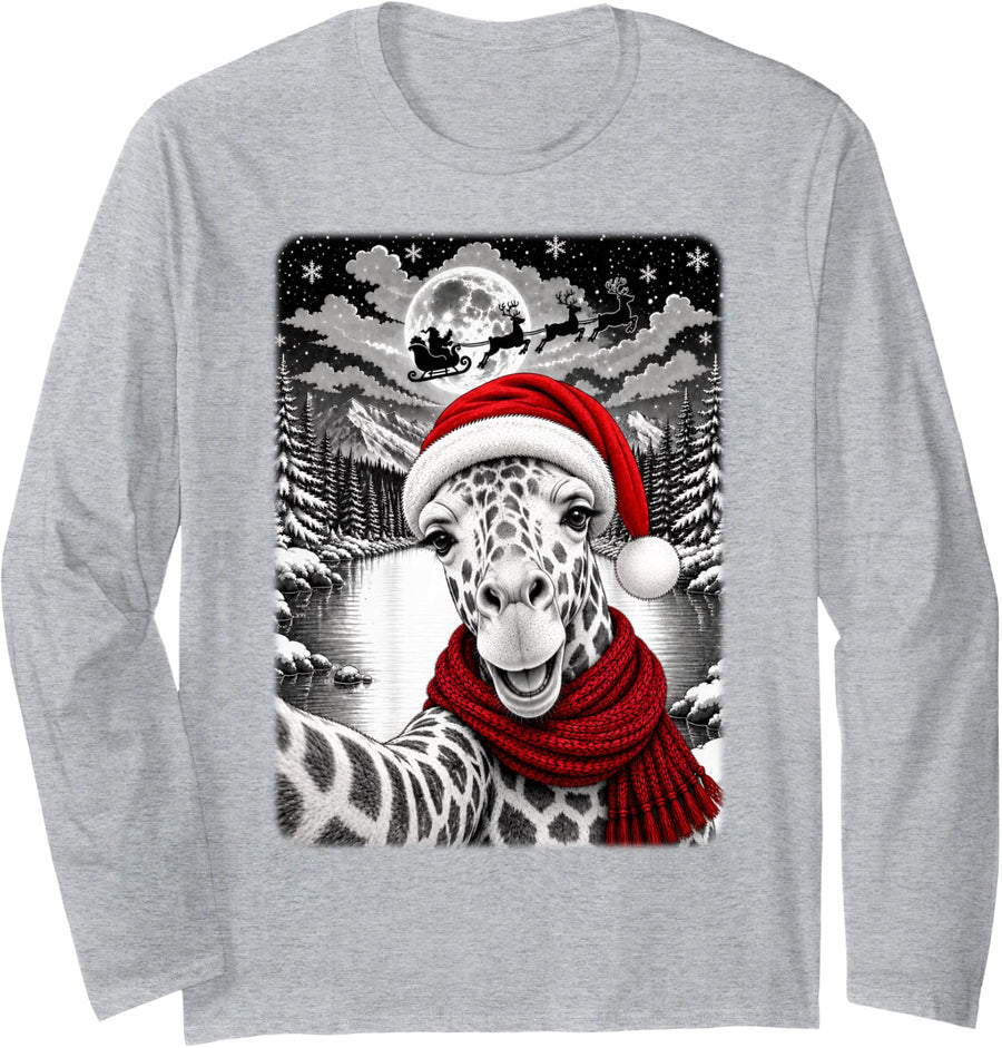 Giraffe Christmas Selfie Full Moon Night Starry Sky Xmas Long Sleeve T-Shirt - Adult Unisex Heather Grey