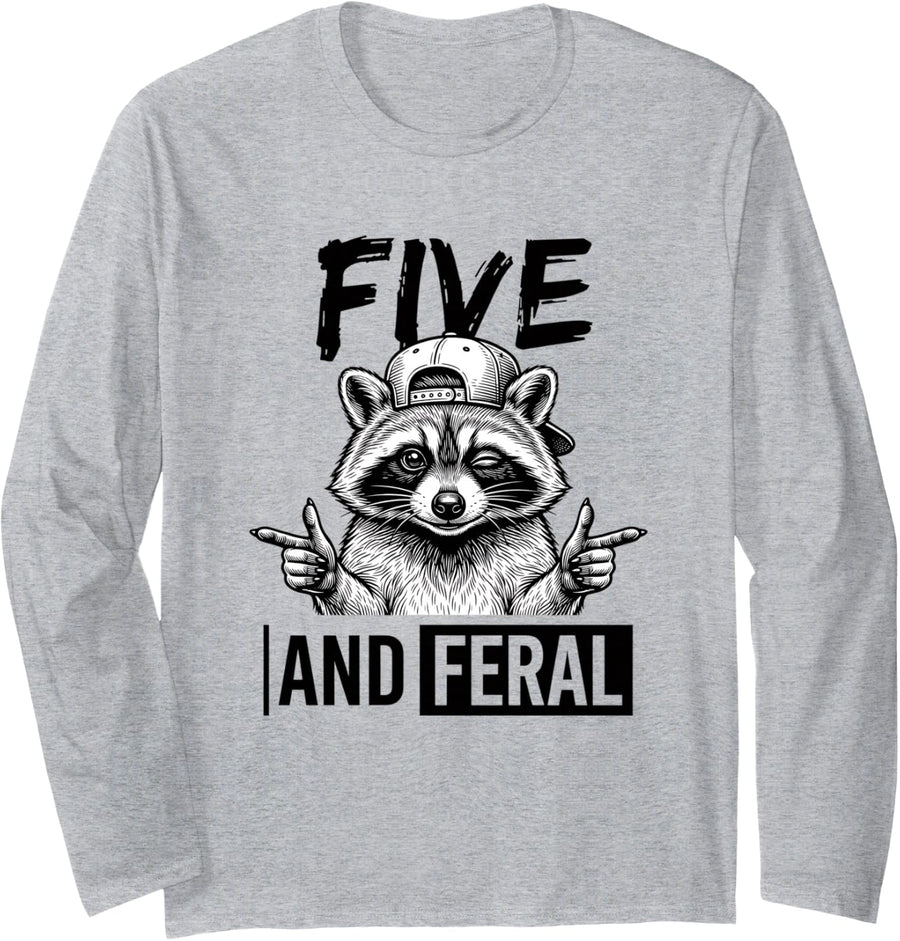 Five and Feral Raccoon 5TH Birthday 5 Year Old Kids Long Sleeve T-Shirt - Adult Unisex Heather Grey