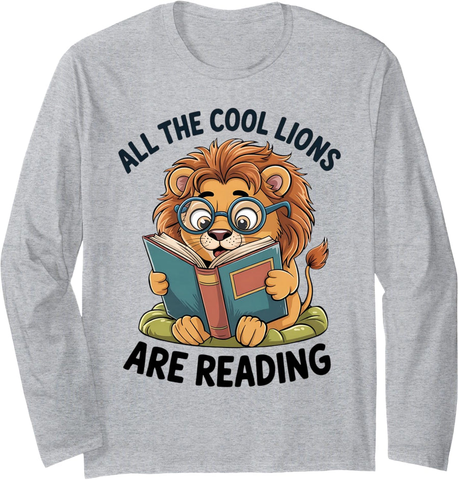 All The Cool Lions are Reading Lion Teacher Long Sleeve T-Shirt - Adult Unisex Heather Grey