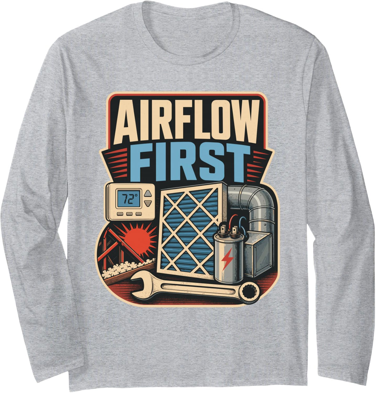 HVAC Airflow Technician Retro Long Sleeve T-Shirt - Adult Unisex Heather Grey