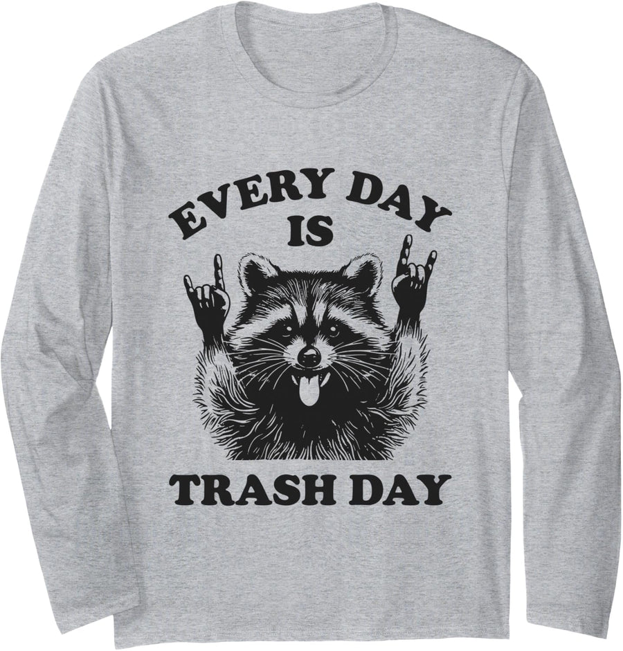 Every Day is Trash Day Vintage Garbage Day Funny Raccoon Long Sleeve T-Shirt - Adult Unisex Heather Grey