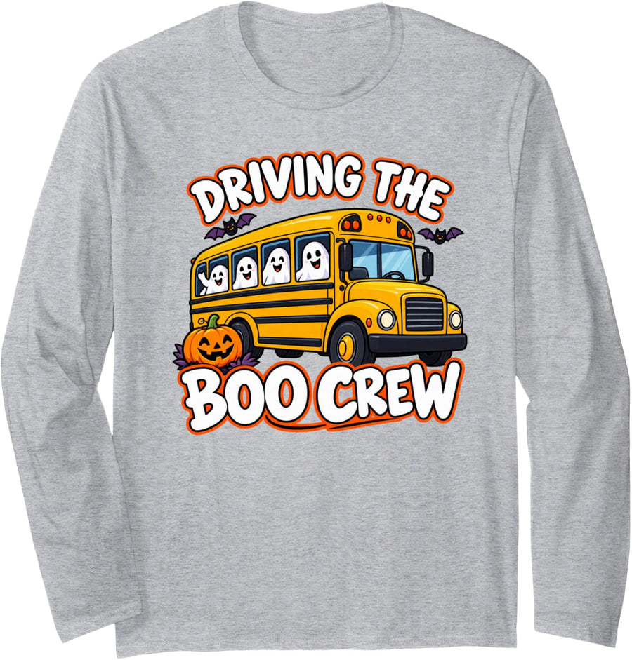 Driving the Boo Crew School Bus Driver Halloween Design Long Sleeve T-Shirt - Adult Unisex Heather Grey