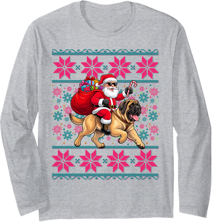 Ugly Christmas Women Girls Santa Riding English Mastiff Dog Long Sleeve T-Shirt - Adult Unisex Heather Grey