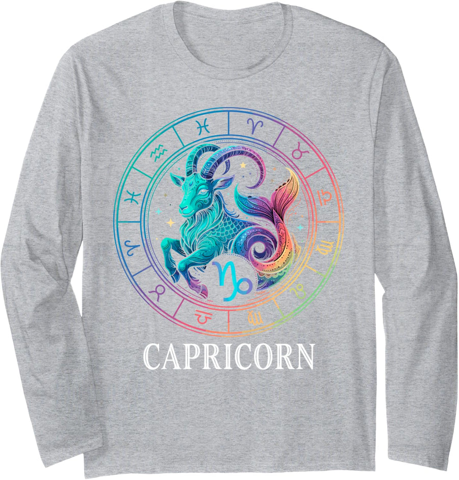 Capricorn Zodiac Sign Astrology Horoscope Astrological Tee Long Sleeve T-Shirt - Adult Unisex Heather Grey