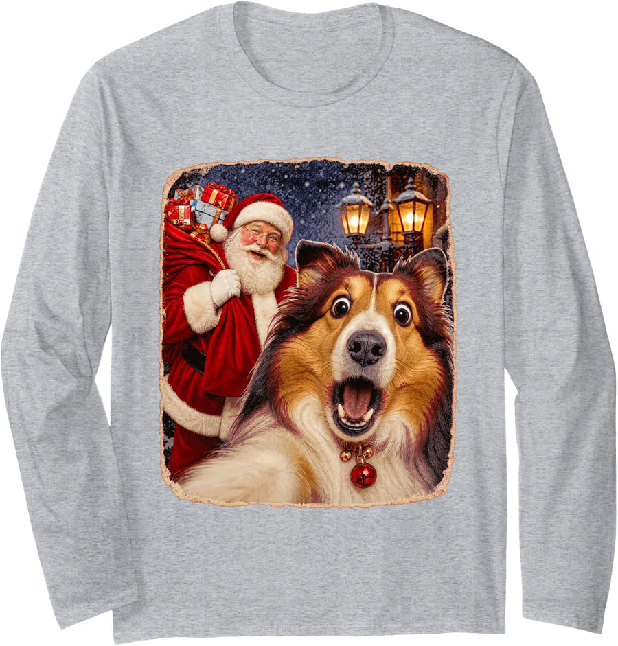 Shetland Sheepdog Santa Christmas Funny Dog Long Sleeve T-Shirt - Adult Unisex Heather Grey