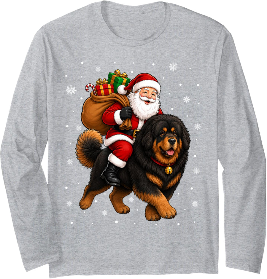 Festive Holiday Funny Santa Riding Mastiff Dog Christmas Long Sleeve T-Shirt - Adult Unisex Heather Grey