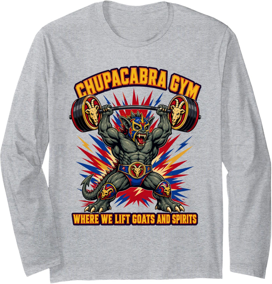 Chupacabra Gym Monster Weightlifting Cryptid Fitness Long Sleeve T-Shirt - Adult Unisex Heather Grey