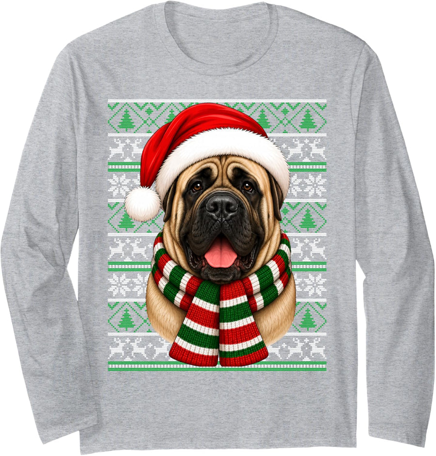 English Mastiff Dog Christmas Santa Hat Ugly Sweaters Xmas Long Sleeve T-Shirt - Adult Unisex Heather Grey