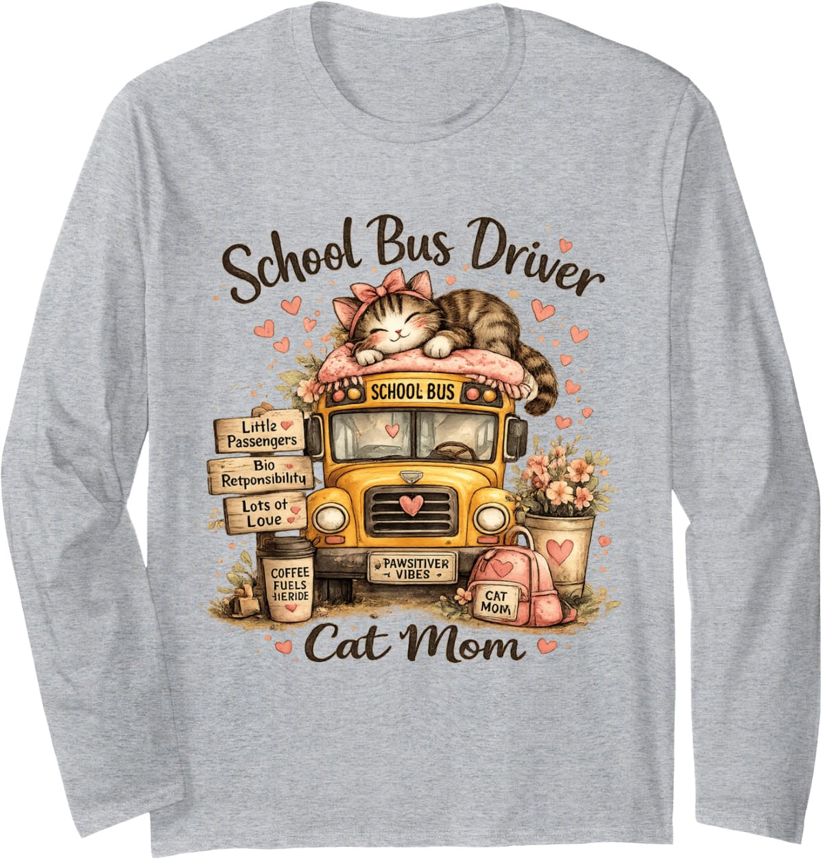 School Bus Driver Cat Mom Cute Kitten Coffee Bus Long Sleeve T-Shirt - Adult Unisex Heather Grey