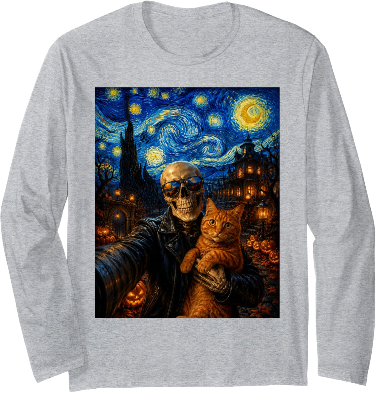 Halloween Skeleton Hugs Ginger Cat Van Gogh Starry Night Long Sleeve T-Shirt - Adult Unisex Heather Grey