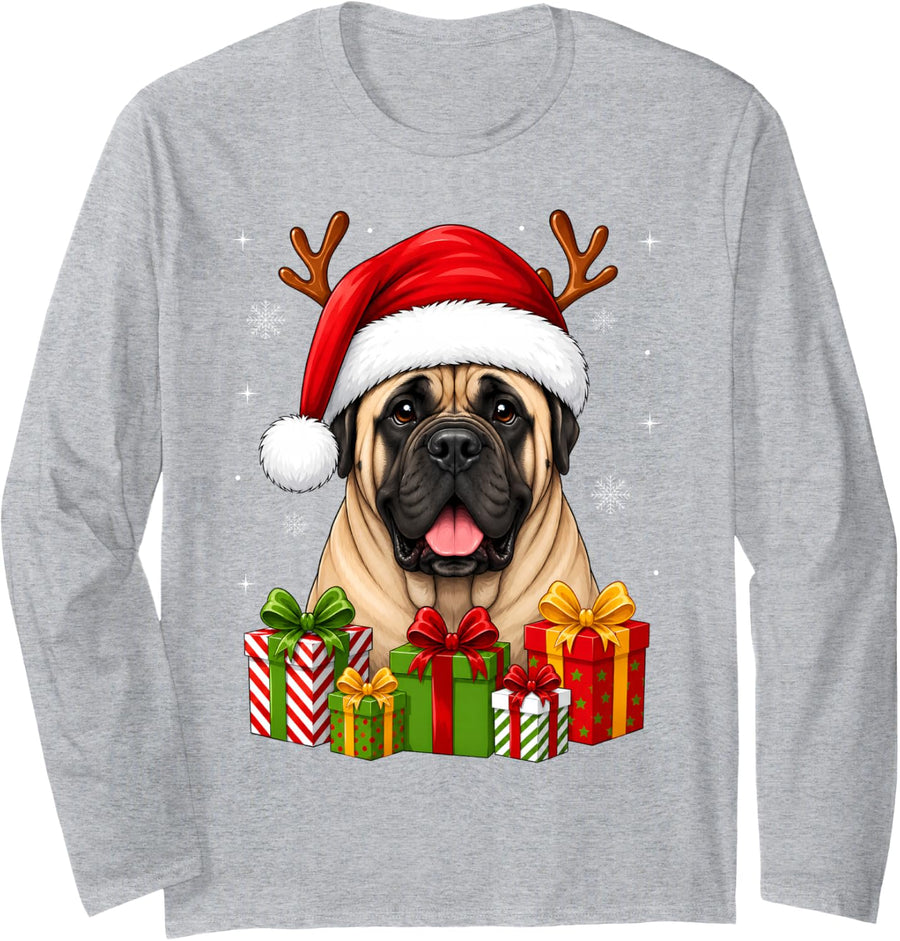Xmas Decor Cute Festive Santa English Mastiff Dog Christmas Long Sleeve T-Shirt - Adult Unisex Heather Grey