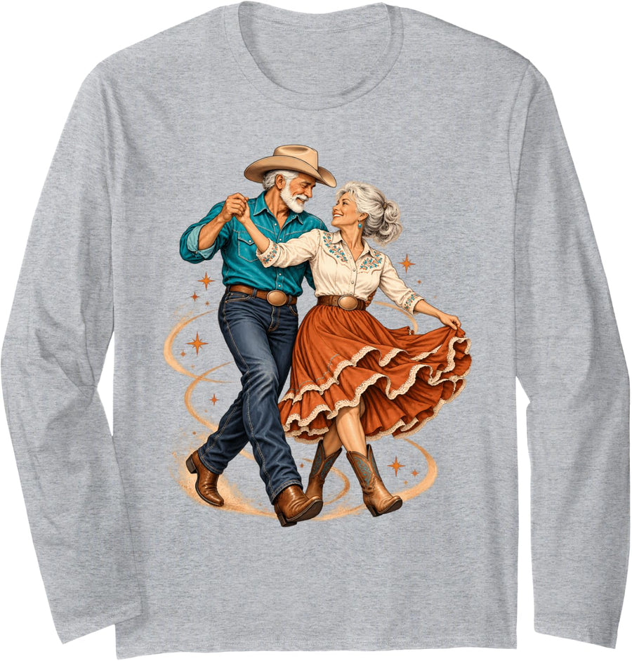 Country Dance Couple Line Dance Western Boots Long Sleeve T-Shirt - Adult Unisex Heather Grey