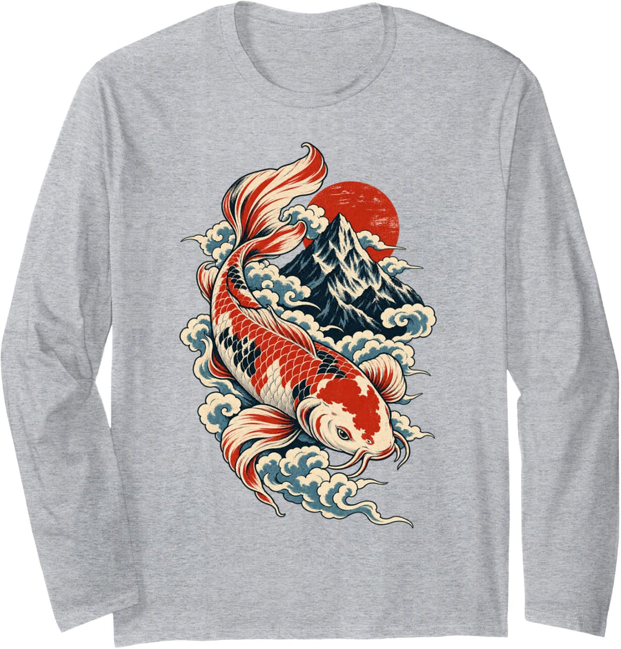 Koi Fish Mountain Red Sun Vintage Japanese Style Art Long Sleeve T-Shirt - Adult Unisex Heather Grey