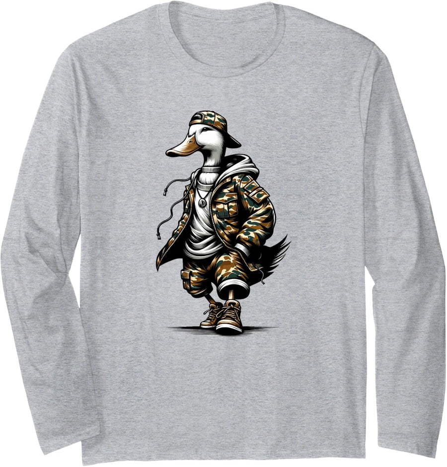 Commander Duck Camouflage Mallard Waterfowl Hunting Long Sleeve T-Shirt - Adult Unisex Heather Grey
