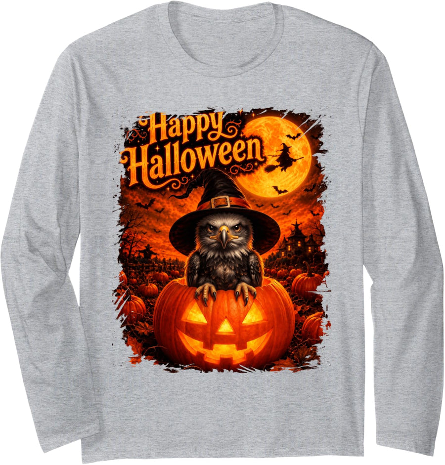 Cute Bald Eagle Happy Halloween Night Long Sleeve T-Shirt - Adult Unisex Heather Grey