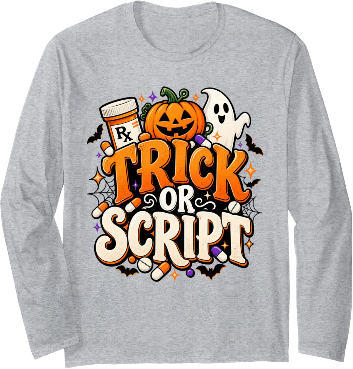 Halloween Pharmacy Tech Pharmacist Technician Trick Script Long Sleeve T-Shirt - Adult Unisex Heather Grey
