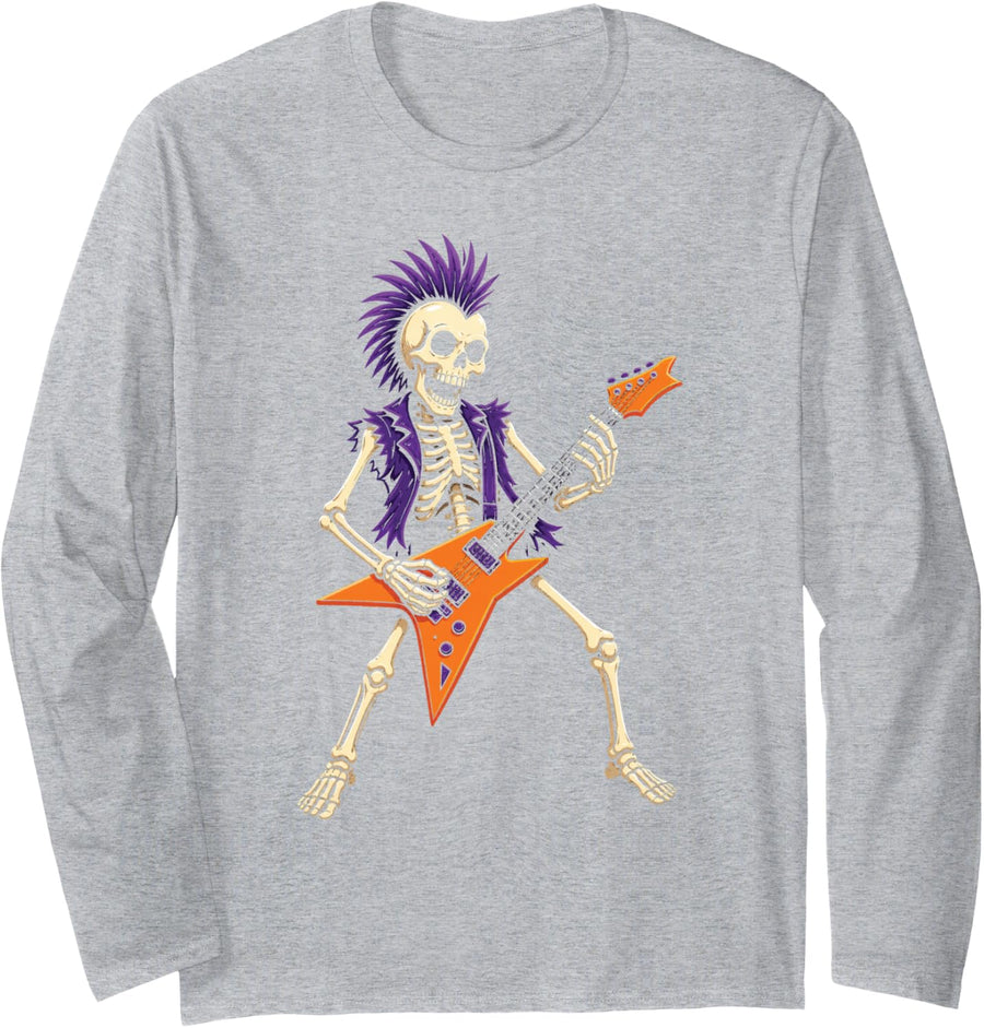 Halloween Skeleton Punk Rock Guitar Player Mohawk Flames Long Sleeve T-Shirt - Adult Unisex Heather Grey