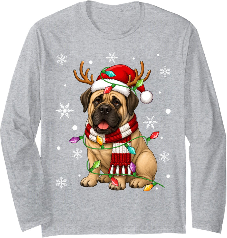English Mastiff Dog Christmas Lights Santa Hat Scarf Xmas Long Sleeve T-Shirt - Adult Unisex Heather Grey