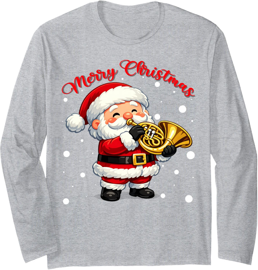 Merry Christmas Santa Playing French Horn Xmas Sweaters Long Sleeve T-Shirt - Adult Unisex Heather Grey