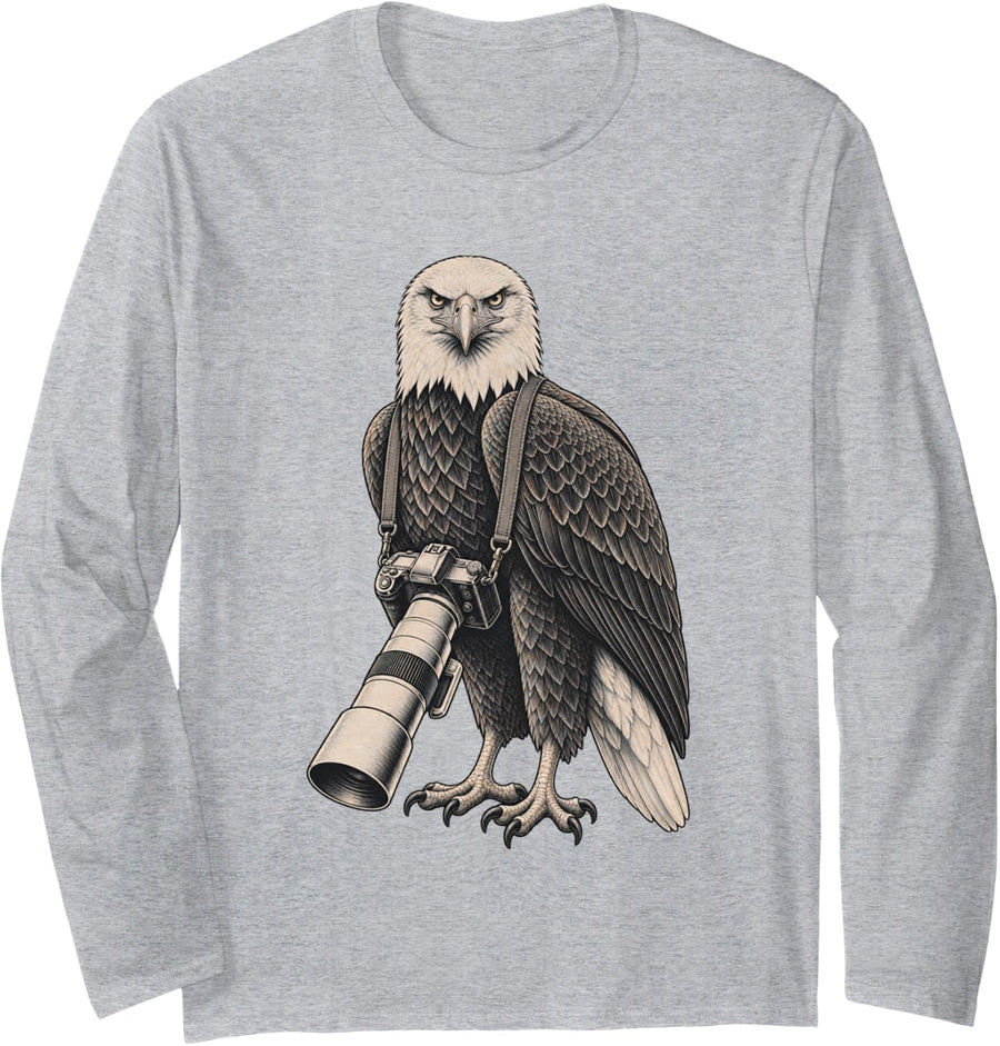 Bald Eagle Photographer Camera Wildlife Photography Lover Long Sleeve T-Shirt - Adult Unisex Heather Grey