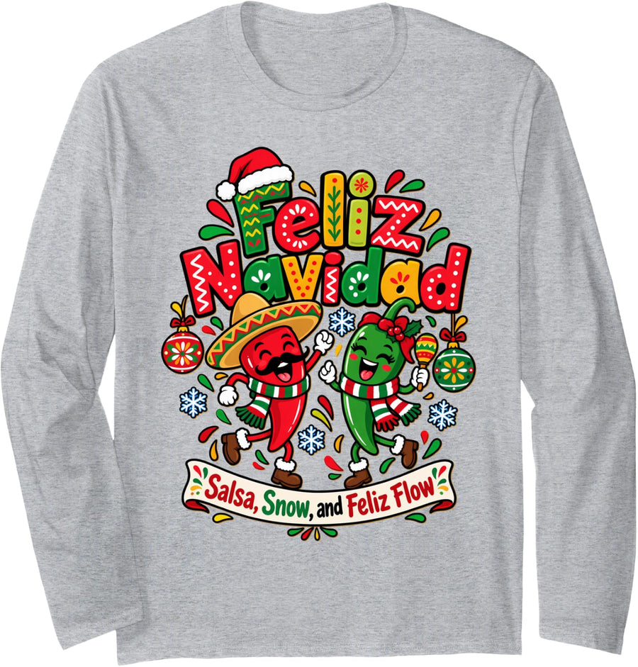 Feliz Navidad Spanish Christmas Mexican Food Funny Peppers Long Sleeve T-Shirt - Adult Unisex Heather Grey