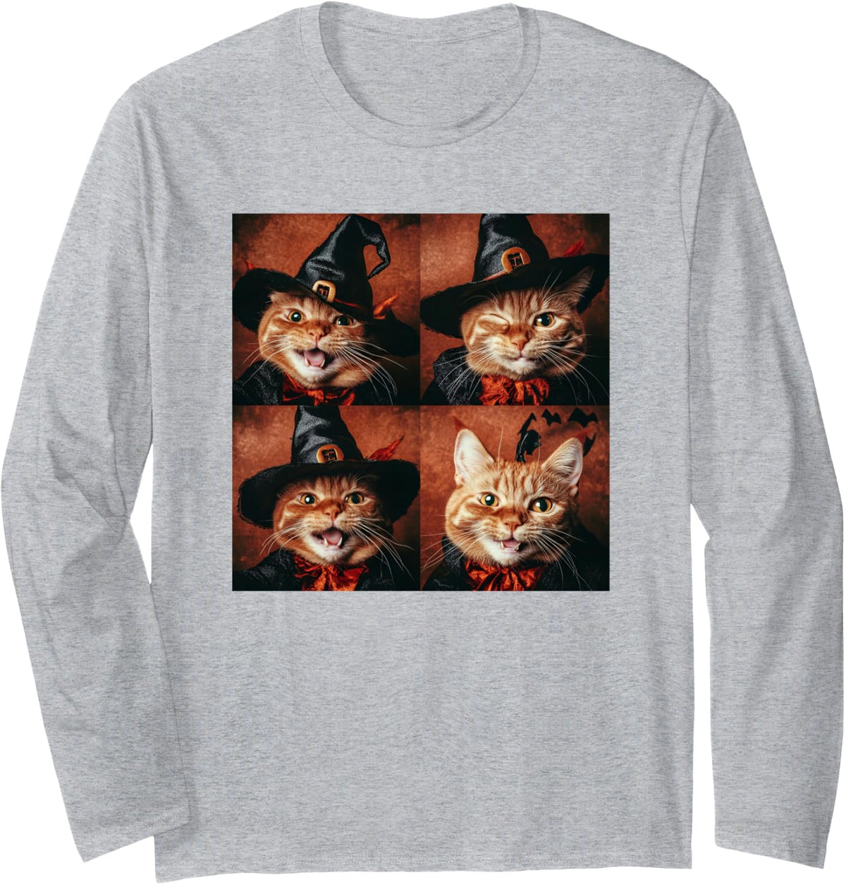 Ginger Cat Witch Halloween Photobooth Long Sleeve T-Shirt - Adult Unisex Heather Grey