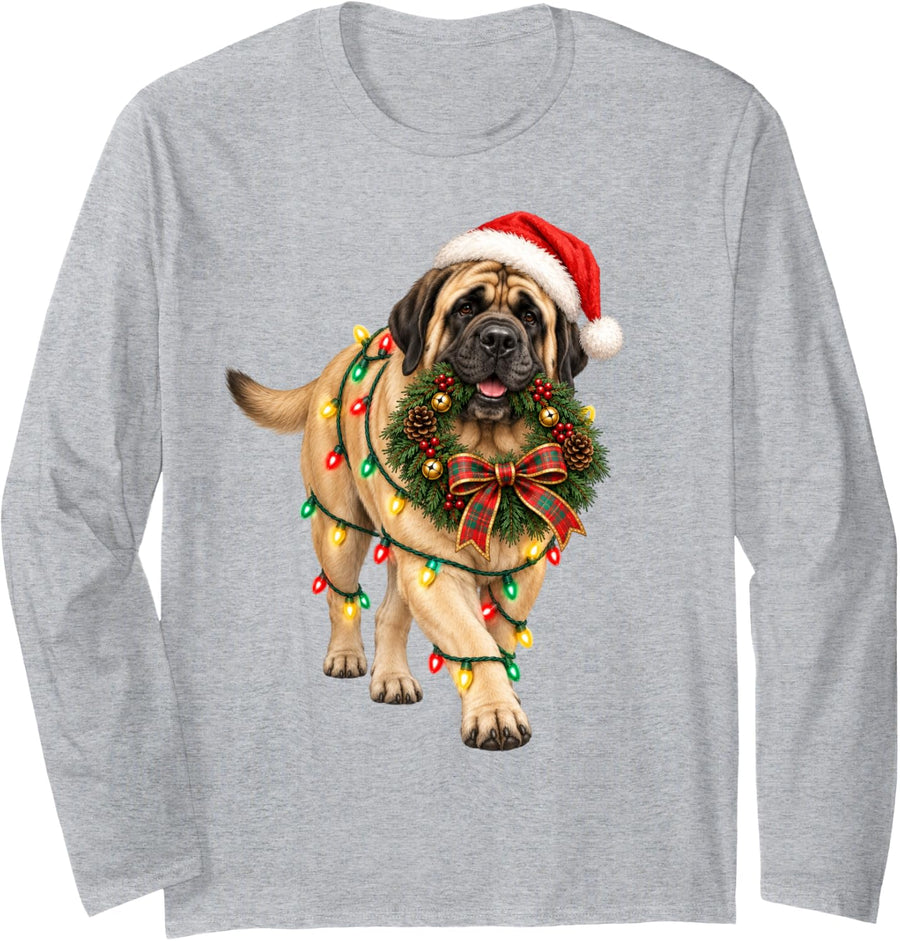Mastiff Christmas Wreath Decoration Xmas Pajamas Long Sleeve T-Shirt - Adult Unisex Heather Grey
