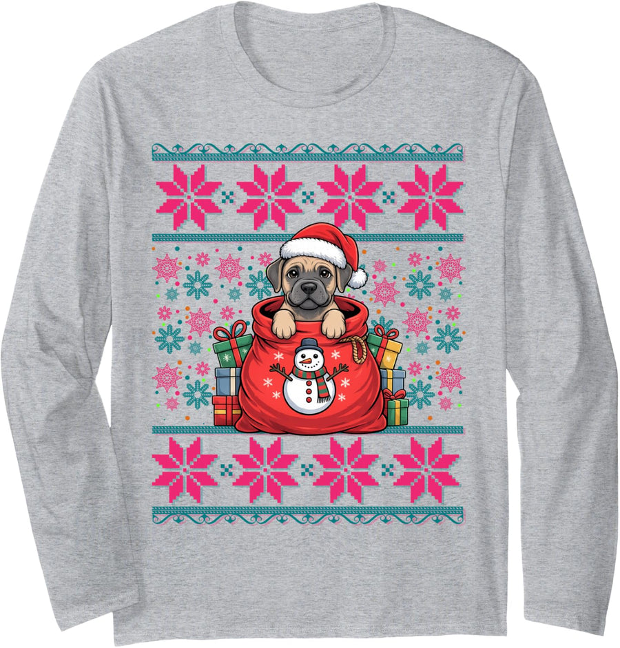 Santa Hat Ugly Christmas Pajama Women Girls Cane Corso Dog Long Sleeve T-Shirt - Adult Unisex Heather Grey