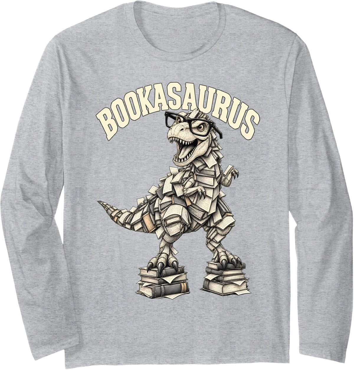 Bookasaurus Dinosaur Reading Book Lover Library Funny Humor Long Sleeve T-Shirt - Adult Unisex Heather Grey