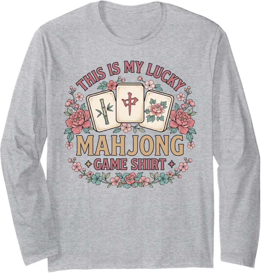 Lucky Mahjong Game Mah Jongg Lover Dice Chinese Game Mahjong Long Sleeve T-Shirt - Adult Unisex Heather Grey
