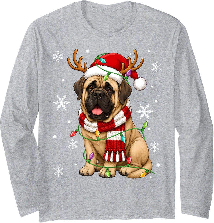 Mastiff Dog Christmas Lights Santa Hat Scarf Mastiff Xmas Long Sleeve T-Shirt - Adult Unisex Heather Grey