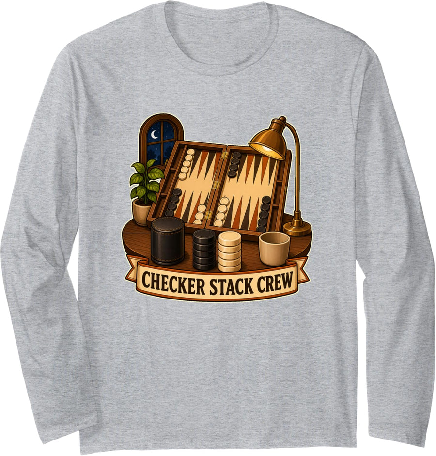Checker Stack Crew Backgammon Strategy Board Play Long Sleeve T-Shirt - Adult Unisex Heather Grey