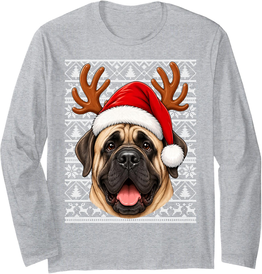 English Mastiff Dog Christmas Santa Hat Ugly Sweater Xmas Long Sleeve T-Shirt - Adult Unisex Heather Grey