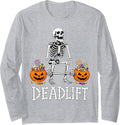 Funny Halloween Deadlift Skeleton Weight Lifting Workout Long Sleeve T-Shirt - Adult Unisex Heather Grey