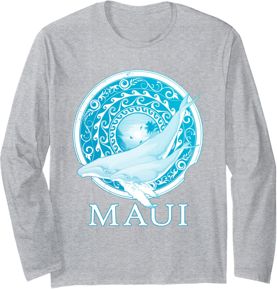 Humpback Whales Polynesian Design Maui Long Sleeve T-Shirt - Adult Unisex Heather Grey
