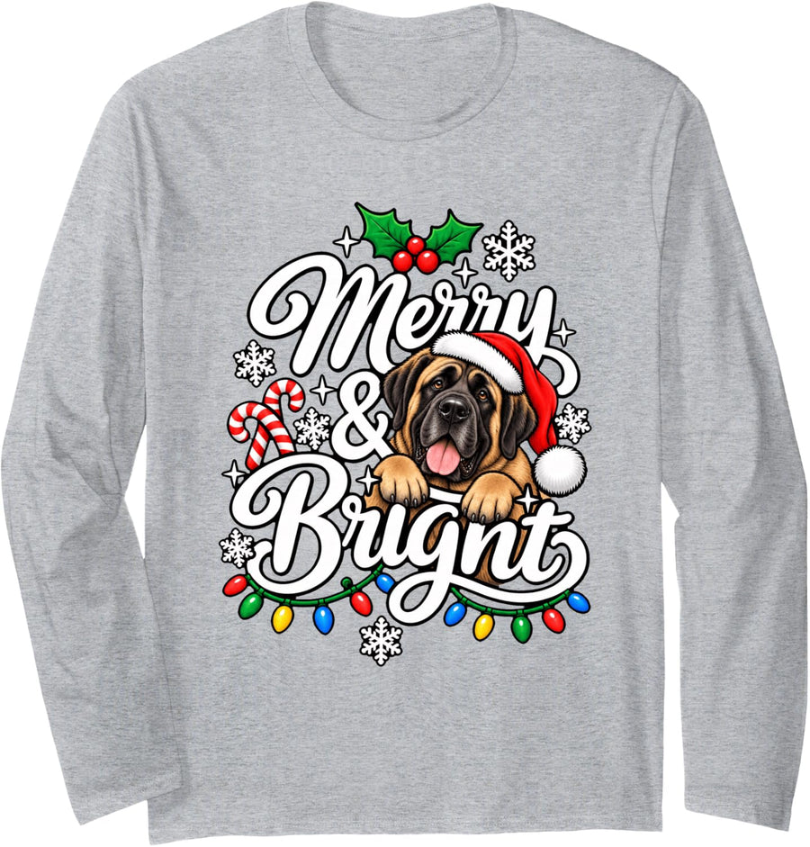 English Mastiff Merry Bright Christmas Dog Lover Xmas Mom Long Sleeve T-Shirt - Adult Unisex Heather Grey