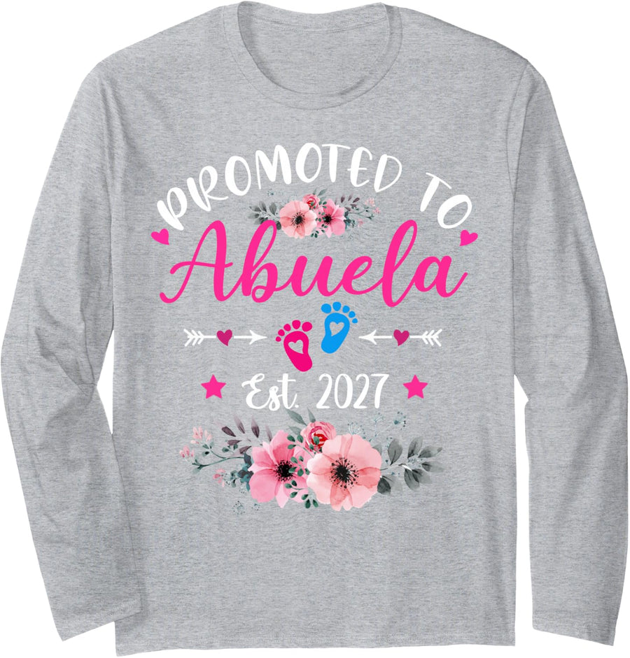 Promoted to Abuela Est 2027 Soon to Be Mom Mother's Floral Long Sleeve T-Shirt - Adult Unisex Heather Grey