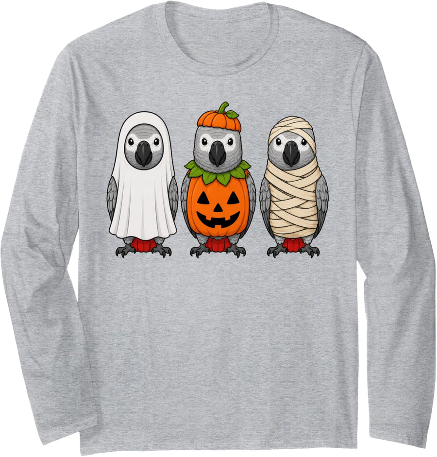 Spooky African Grey Parrot Pumpkin Ghost Halloween Bird Long Sleeve T-Shirt - Adult Unisex Heather Grey
