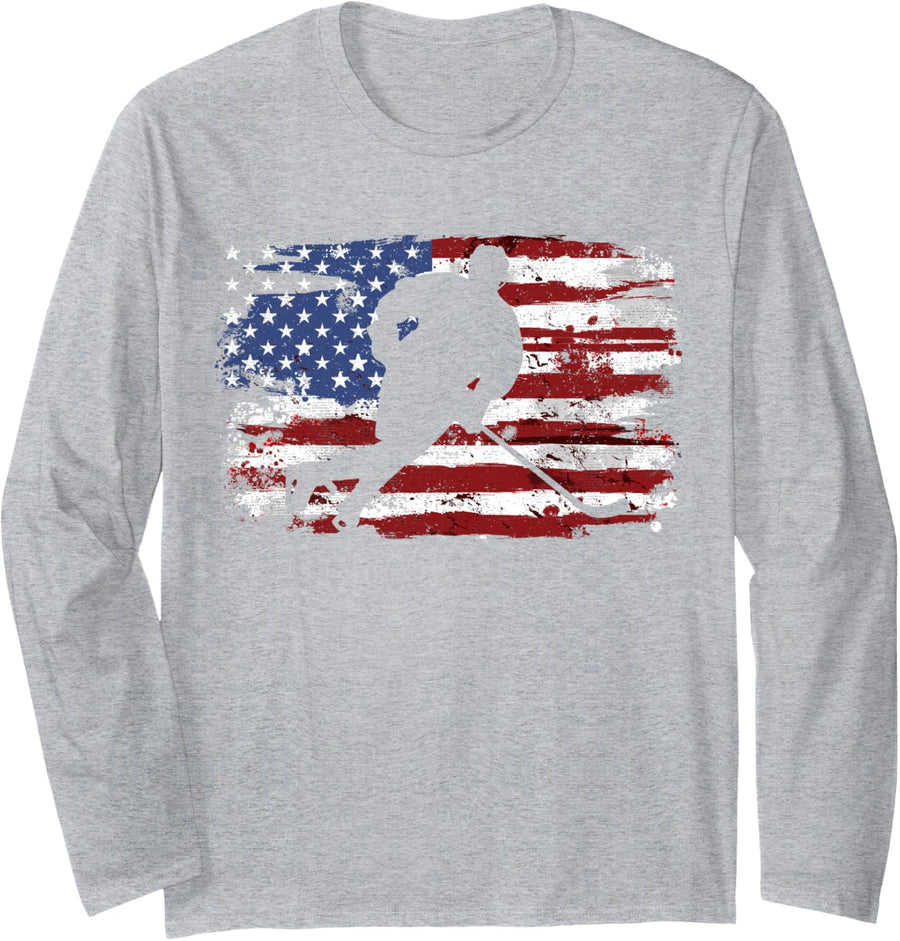 Ice Hockey Vintage American Flag Long Sleeve T-Shirt - Adult Unisex Heather Grey