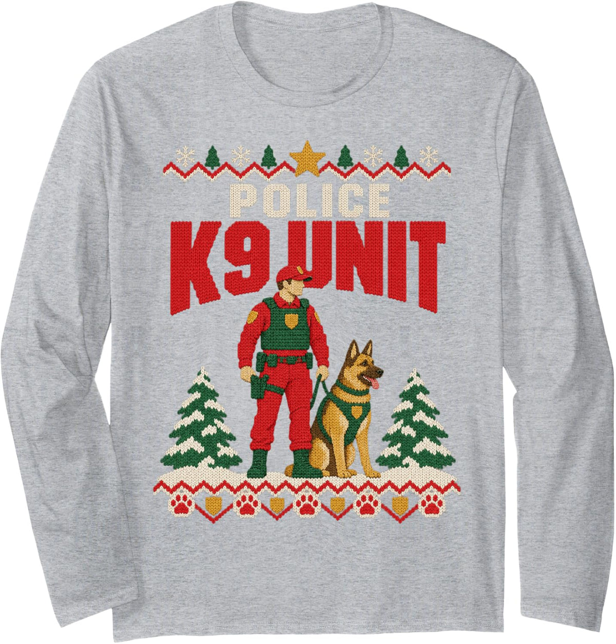 Police K9 Unit Ugly Christmas Sweater German Shepherd Dog Long Sleeve T-Shirt - Adult Unisex Heather Grey
