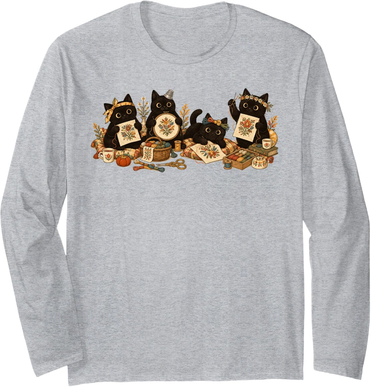 Cross Stitching Lover Black Cat Quilting Sewing Needlework Long Sleeve T-Shirt - Adult Unisex Heather Grey