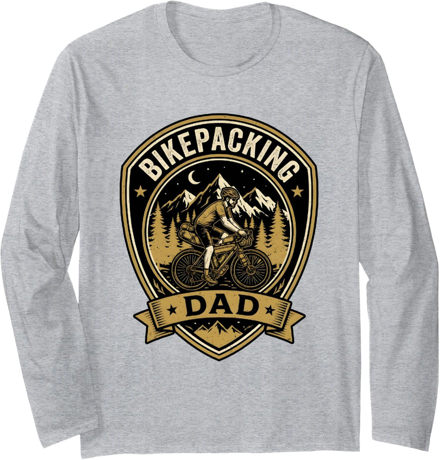 Bikepacking Dad Mountain Bike Adventure Father Long Sleeve T-Shirt - Adult Unisex Heather Grey