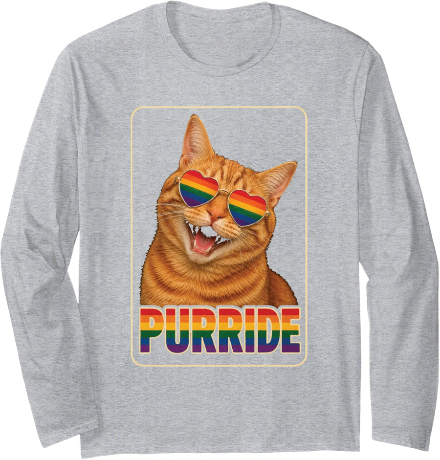 Pride Cat Purride LGBTQ Rainbow Laughing Orange Tabby Long Sleeve T-Shirt - Adult Unisex Heather Grey